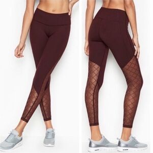 NWT VICTORIA SECRET SPORT ML Knockout Tight in maroon w gold mesh highlights